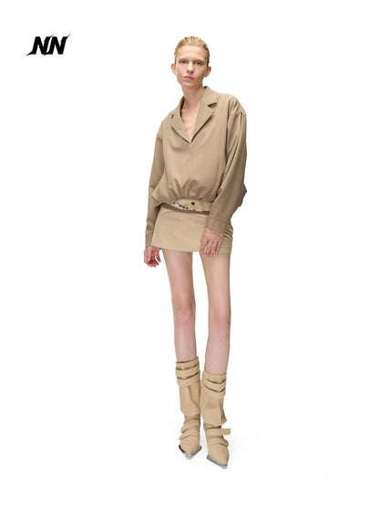 NORTH NODE Pleated Spliced Suit Collar Pullover Women&