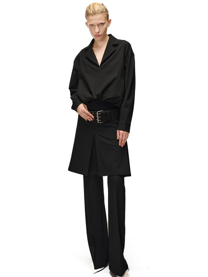 NORTH NODE Pleated Spliced Suit Collar Pullover Women&
