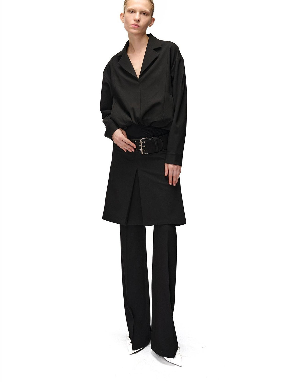 NORTH NODE Pleated Spliced Suit Collar Pullover Women&