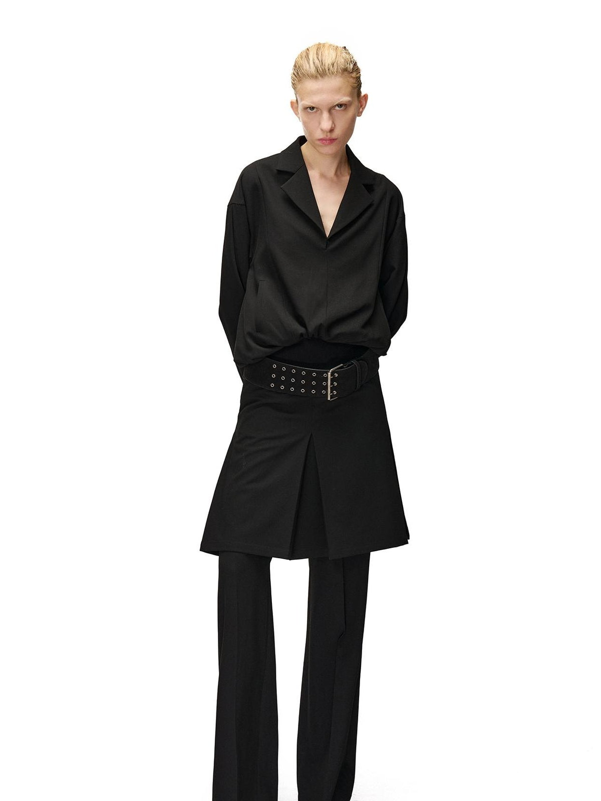 NORTH NODE Pleated Spliced Suit Collar Pullover Women&