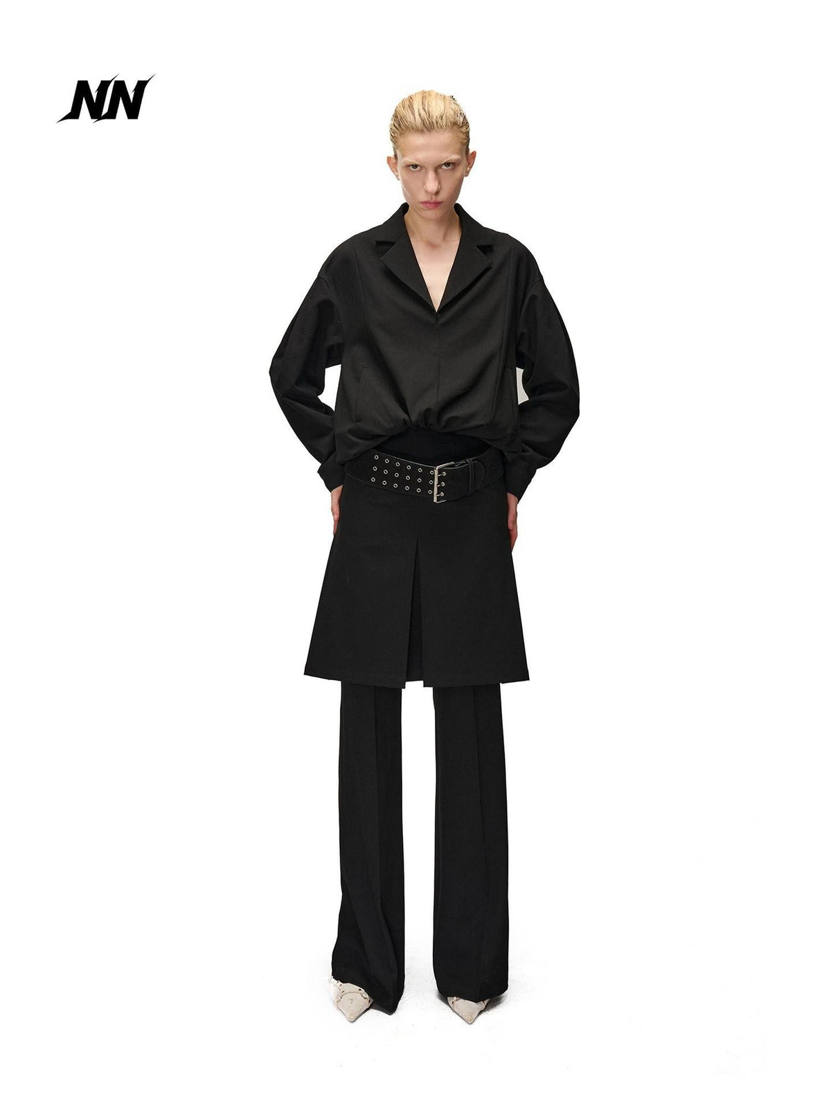 NORTH NODE Pleated Spliced Suit Collar Pullover Women&