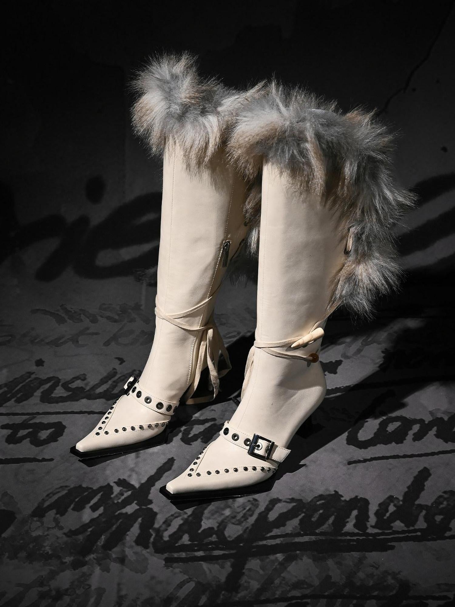 NORTH NODE Pointed Toe Fur Beaded Studded High Heel Women&