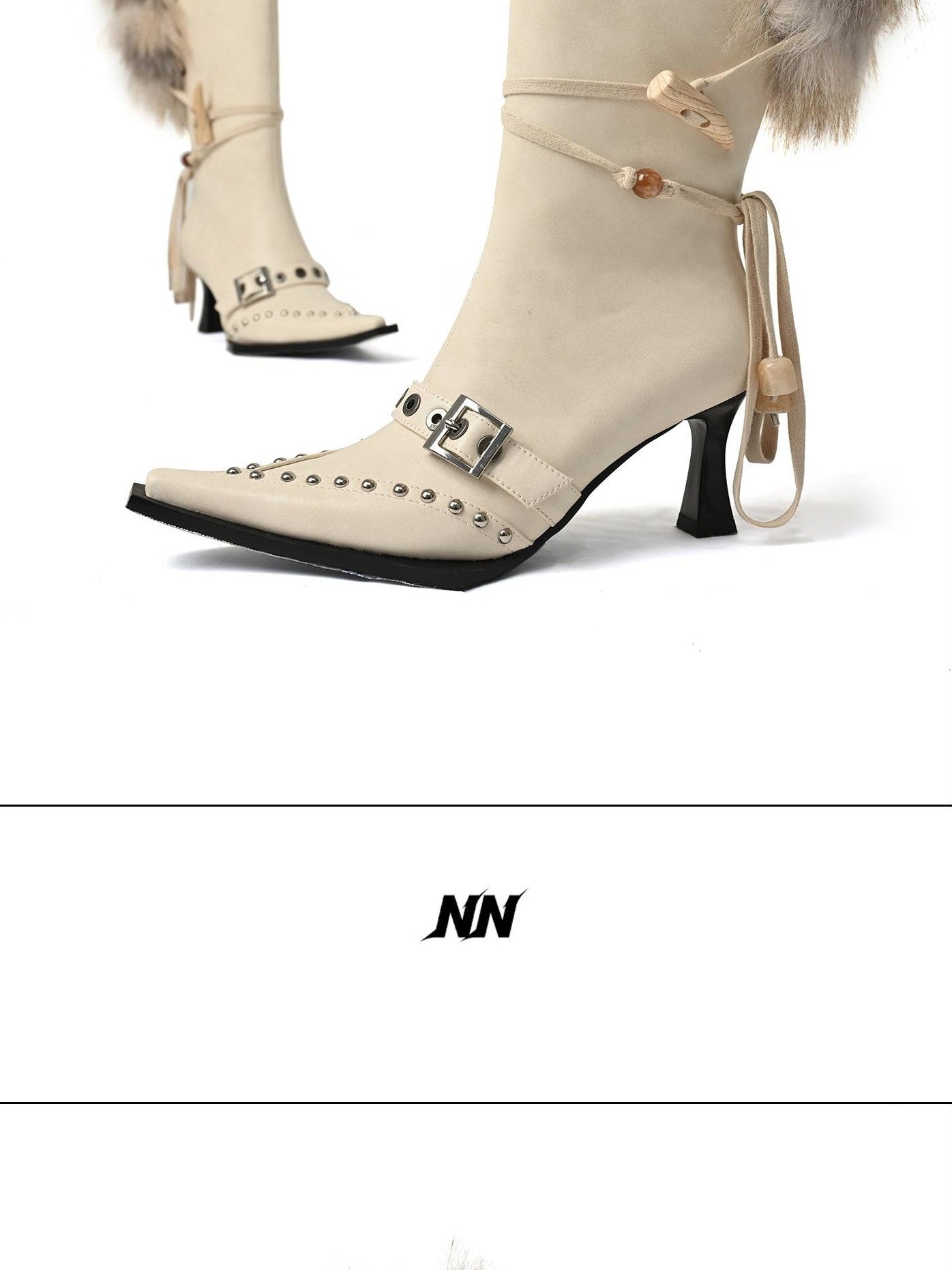 NORTH NODE Pointed Toe Fur Beaded Studded High Heel Women&