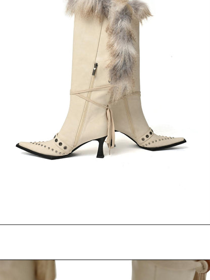 NORTH NODE Pointed Toe Fur Beaded Studded High Heel Women&