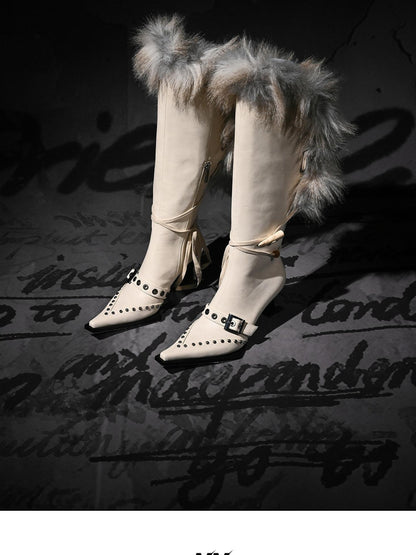 NORTH NODE Pointed Toe Fur Beaded Studded High Heel Women&