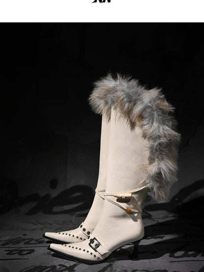 NORTH NODE Pointed Toe Fur Beaded Studded High Heel Women&