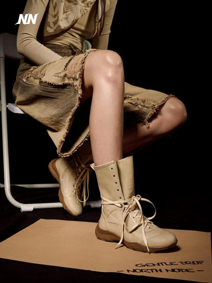 NORTH NODE Pointed Toe Lace Up Panelled Synthetic Leather Women&