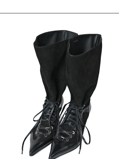 NORTH NODE Pointed Toe Patchwork Lace Up High Heel Women&