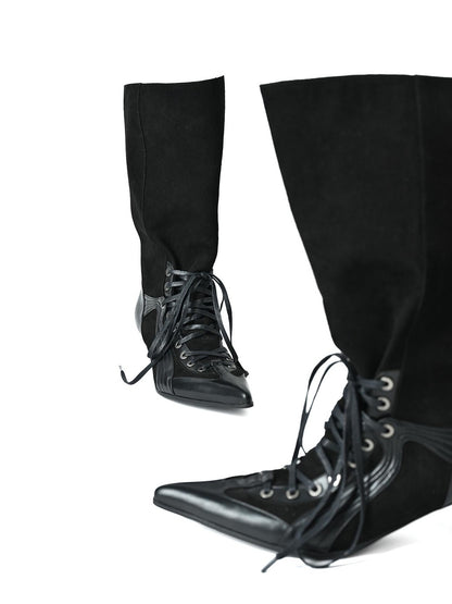 NORTH NODE Pointed Toe Patchwork Lace Up High Heel Women&