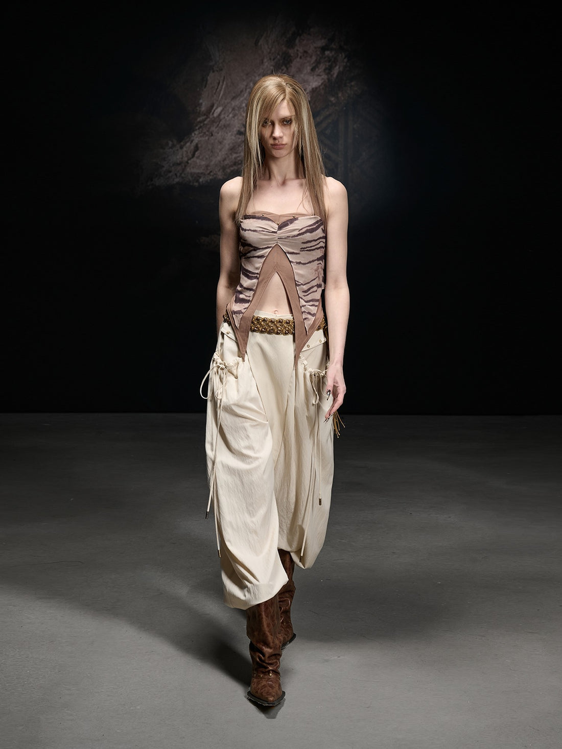 NORTH NODE Printed Chiffon Knit Splice Side Slit Halter Women&