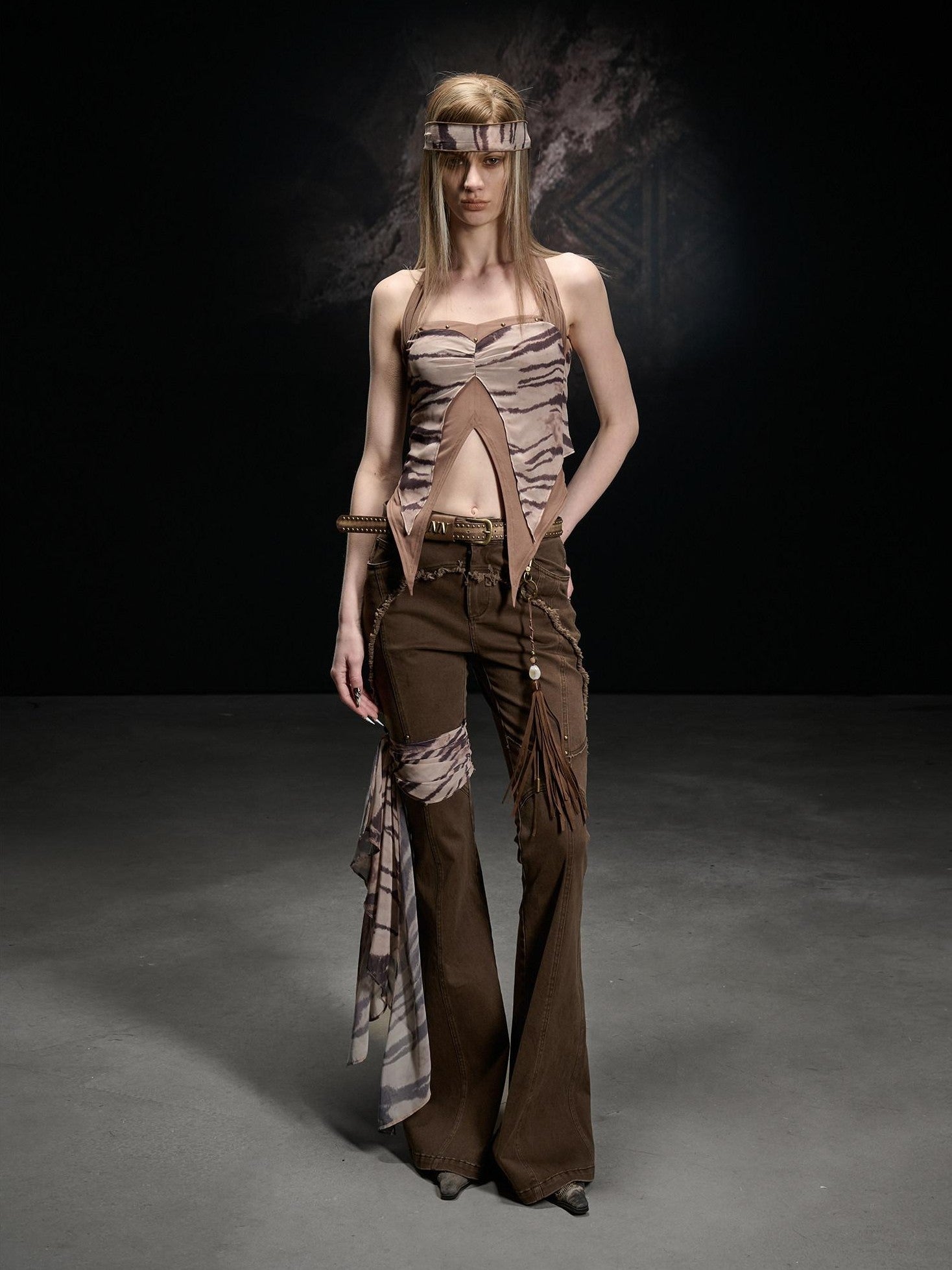 NORTH NODE Printed Chiffon Knit Splice Side Slit Halter Women&