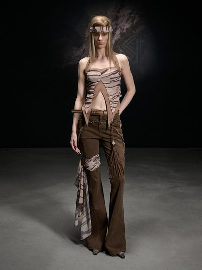 NORTH NODE Printed Chiffon Knit Splice Side Slit Halter Women&