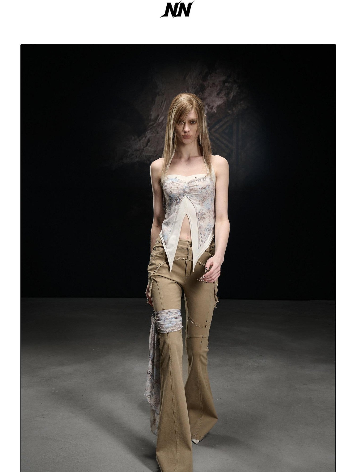 NORTH NODE Printed Chiffon Knit Splice Side Slit Halter Women&