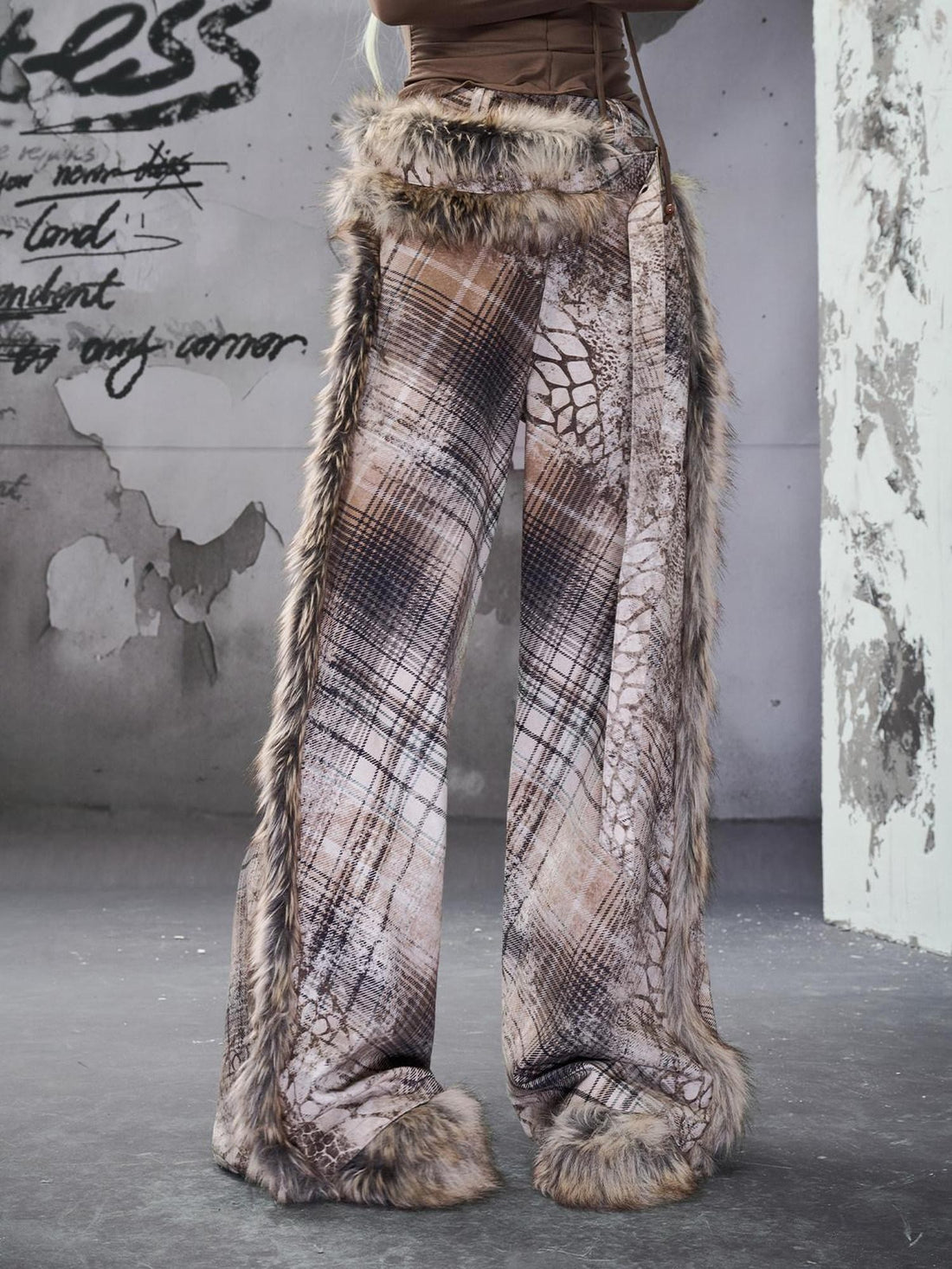 NORTH NODE Printed Plaid Patchwork Fur Women&