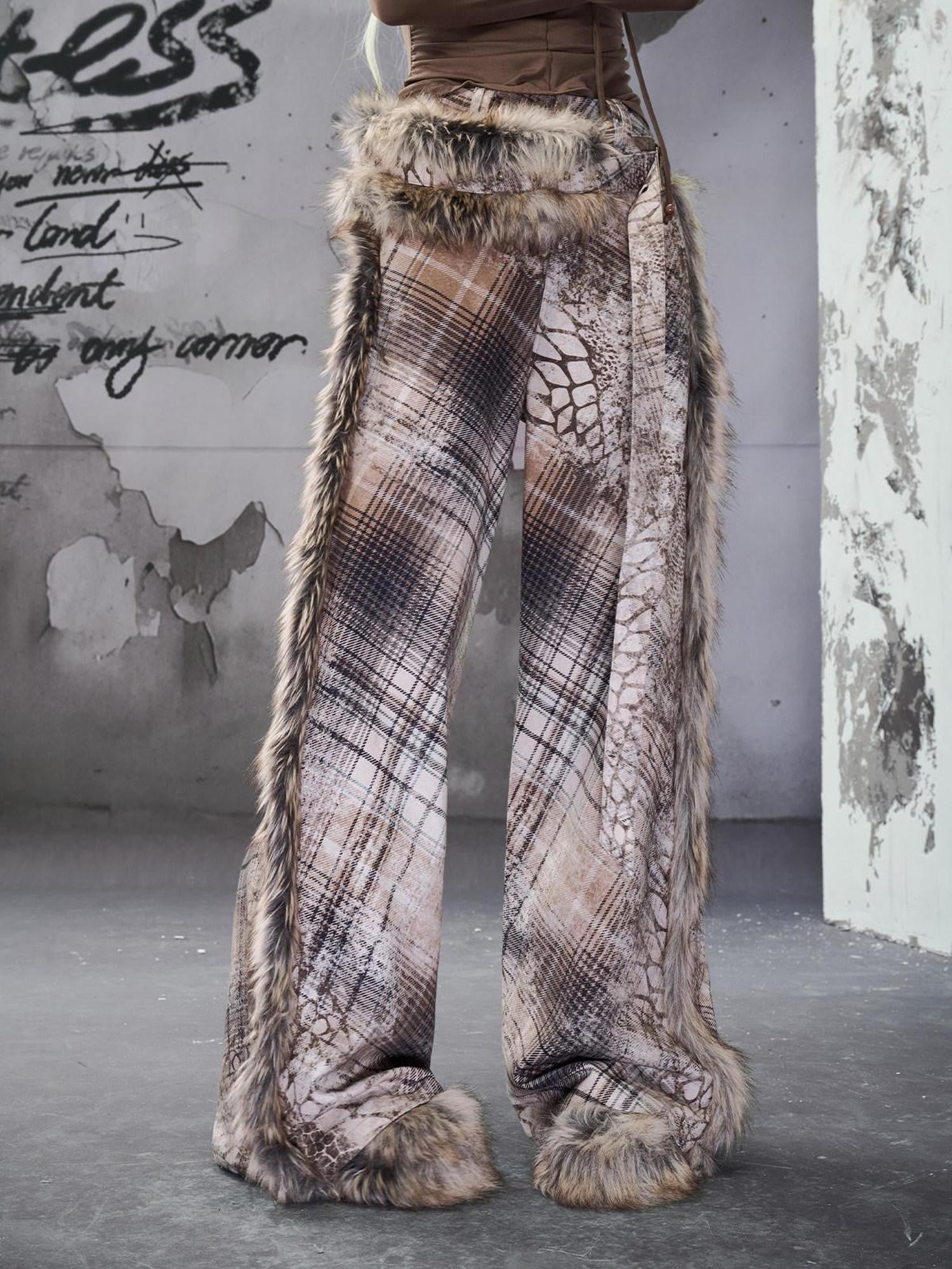 NORTH NODE Printed Plaid Patchwork Fur Women&