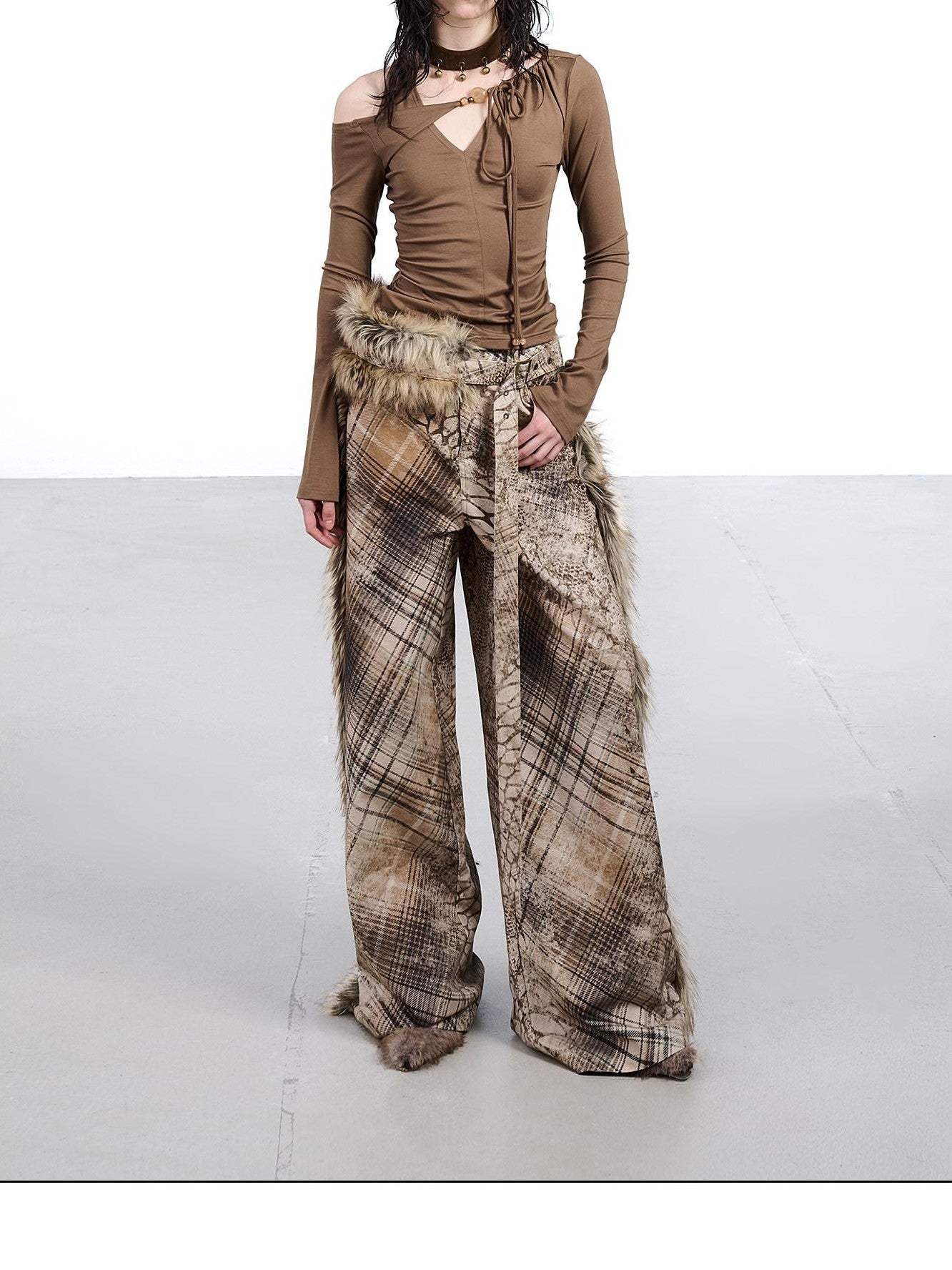 NORTH NODE Printed Plaid Patchwork Fur Women&