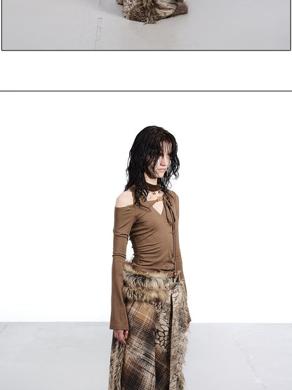NORTH NODE Printed Plaid Patchwork Fur Women&