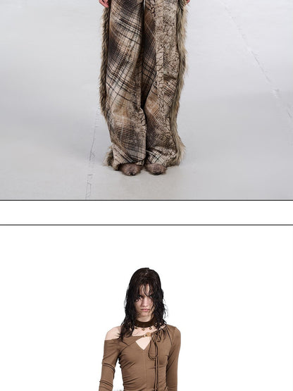 NORTH NODE Printed Plaid Patchwork Fur Women&