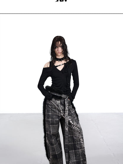 NORTH NODE Printed Plaid Patchwork Fur Women&