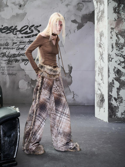 NORTH NODE Printed Plaid Patchwork Fur Women&