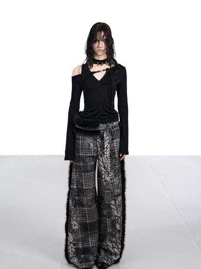 NORTH NODE Printed Plaid Patchwork Fur Women&