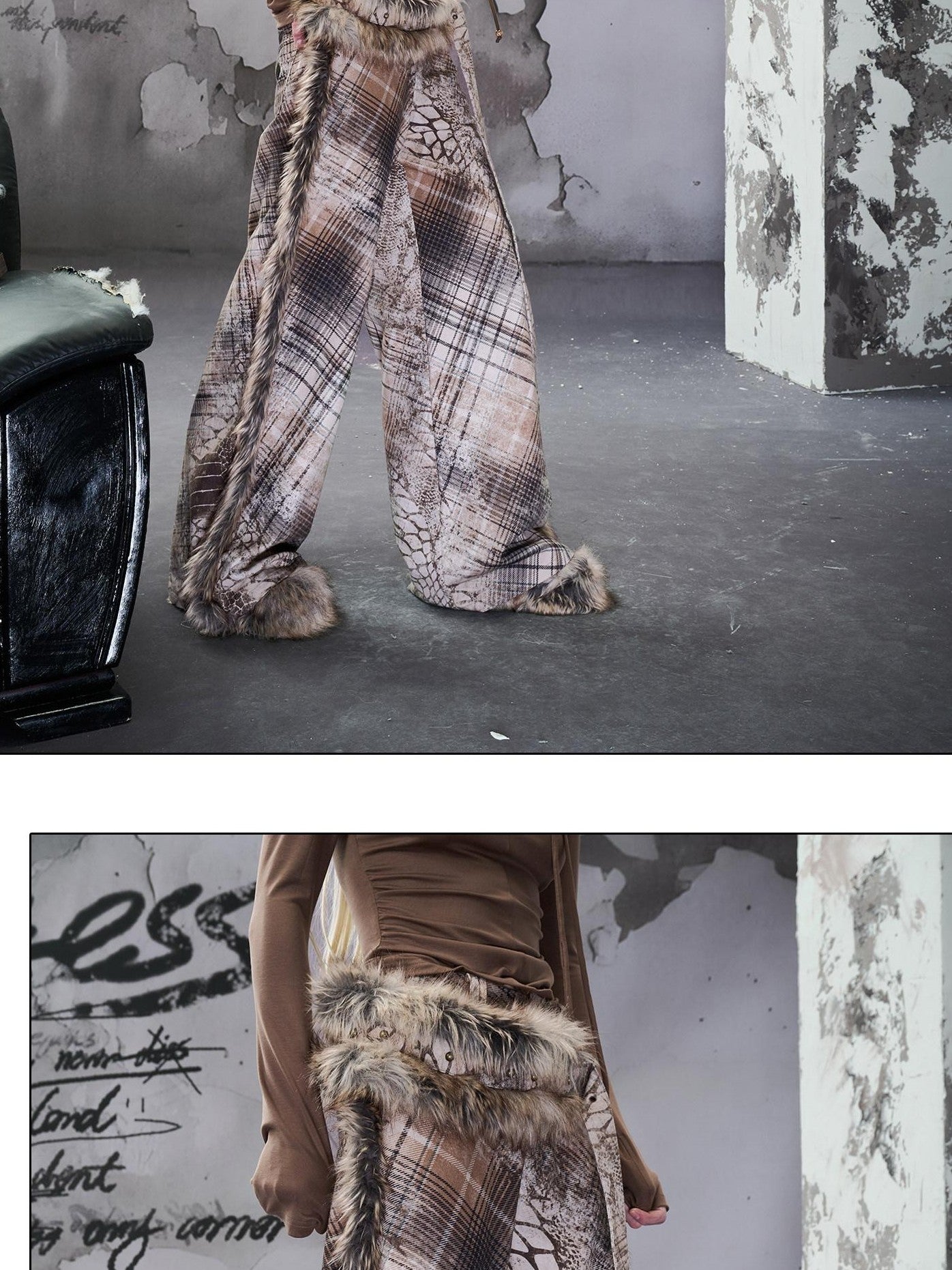 NORTH NODE Printed Plaid Patchwork Fur Women&