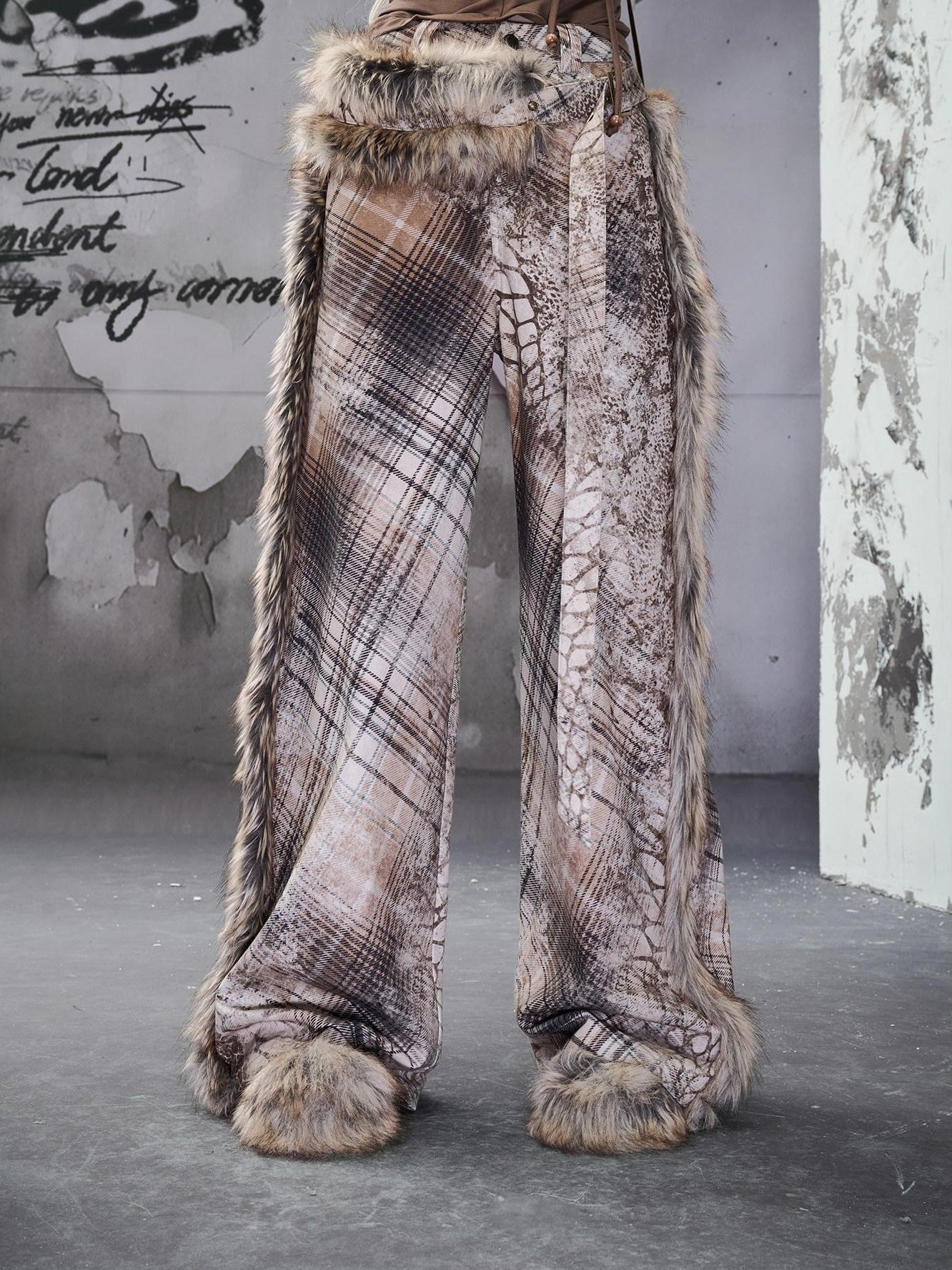 NORTH NODE Printed Plaid Patchwork Fur Women&