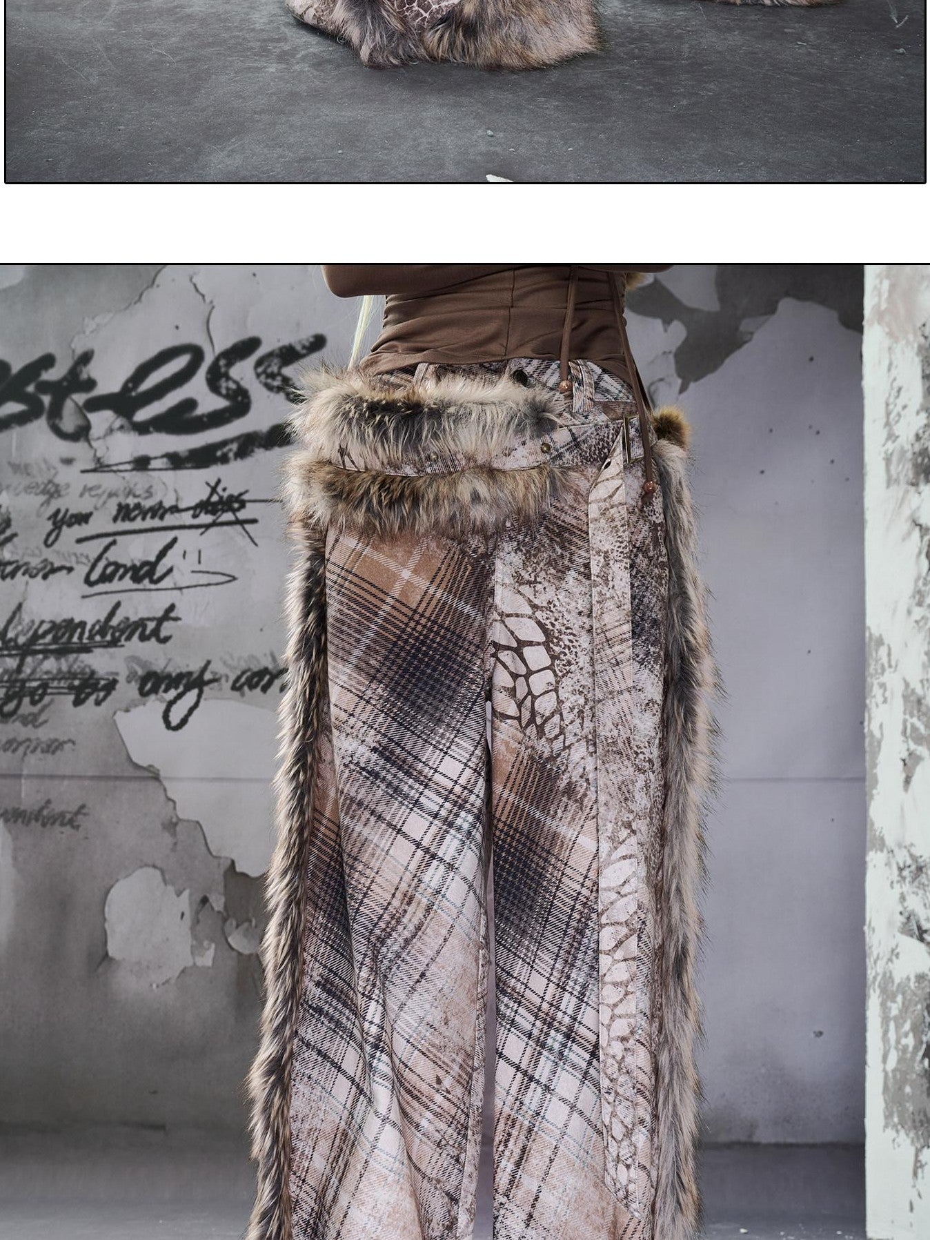 NORTH NODE Printed Plaid Patchwork Fur Women&
