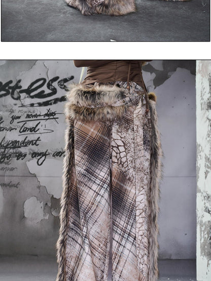 NORTH NODE Printed Plaid Patchwork Fur Women&