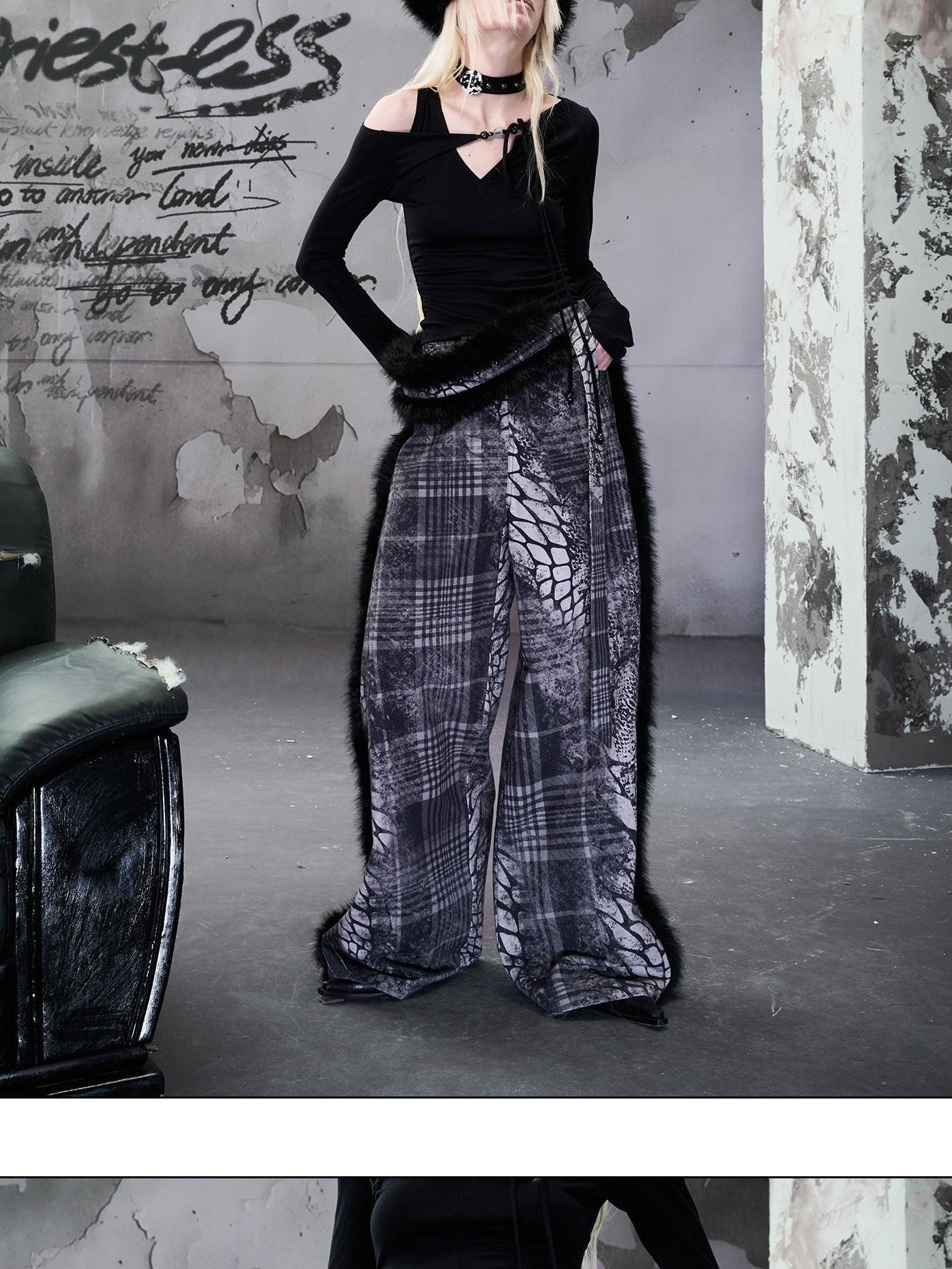 NORTH NODE Printed Plaid Patchwork Fur Women&