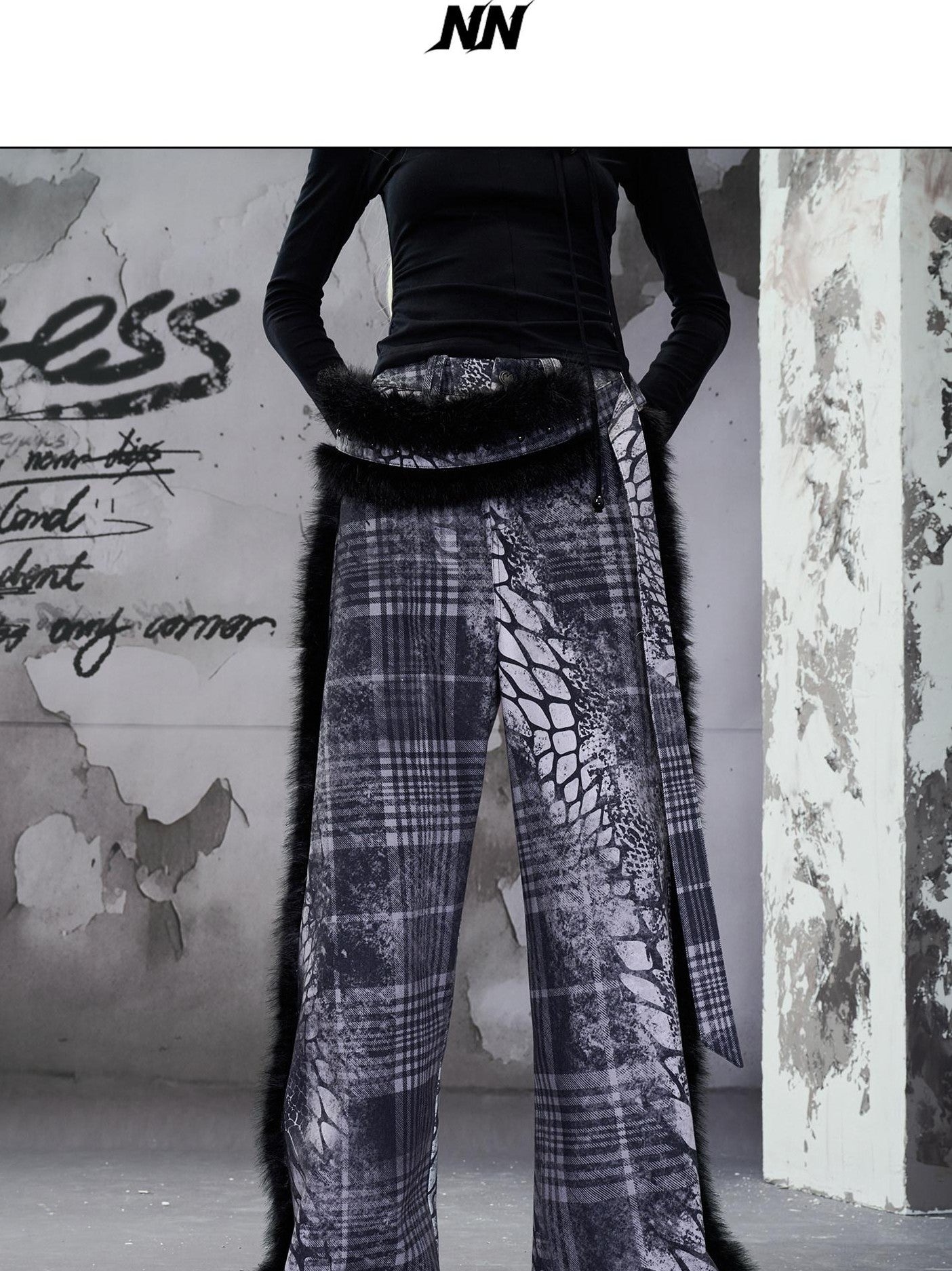 NORTH NODE Printed Plaid Patchwork Fur Women&