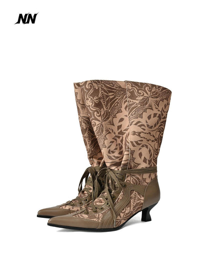 NORTH NODE Printed Pointed Toe Lace Up High Heel Women&