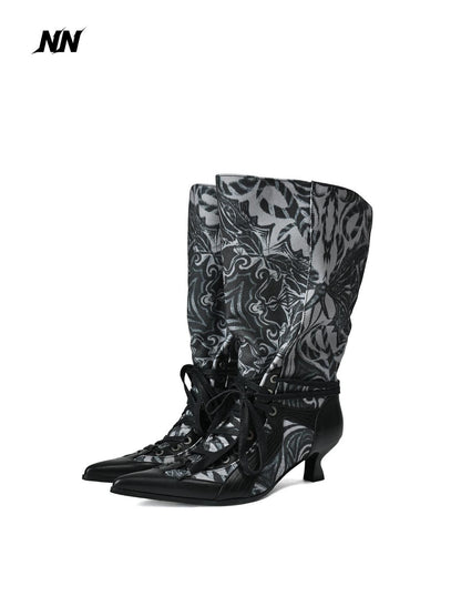 NORTH NODE Printed Pointed Toe Lace Up High Heel Women&