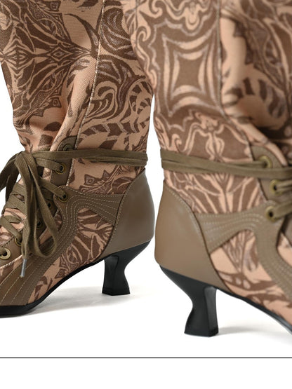 NORTH NODE Printed Pointed Toe Lace Up High Heel Women&