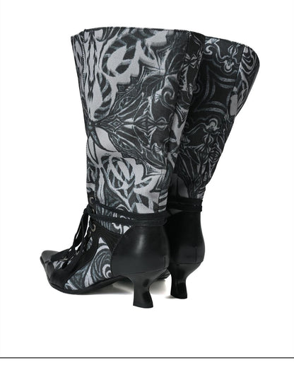 NORTH NODE Printed Pointed Toe Lace Up High Heel Women&