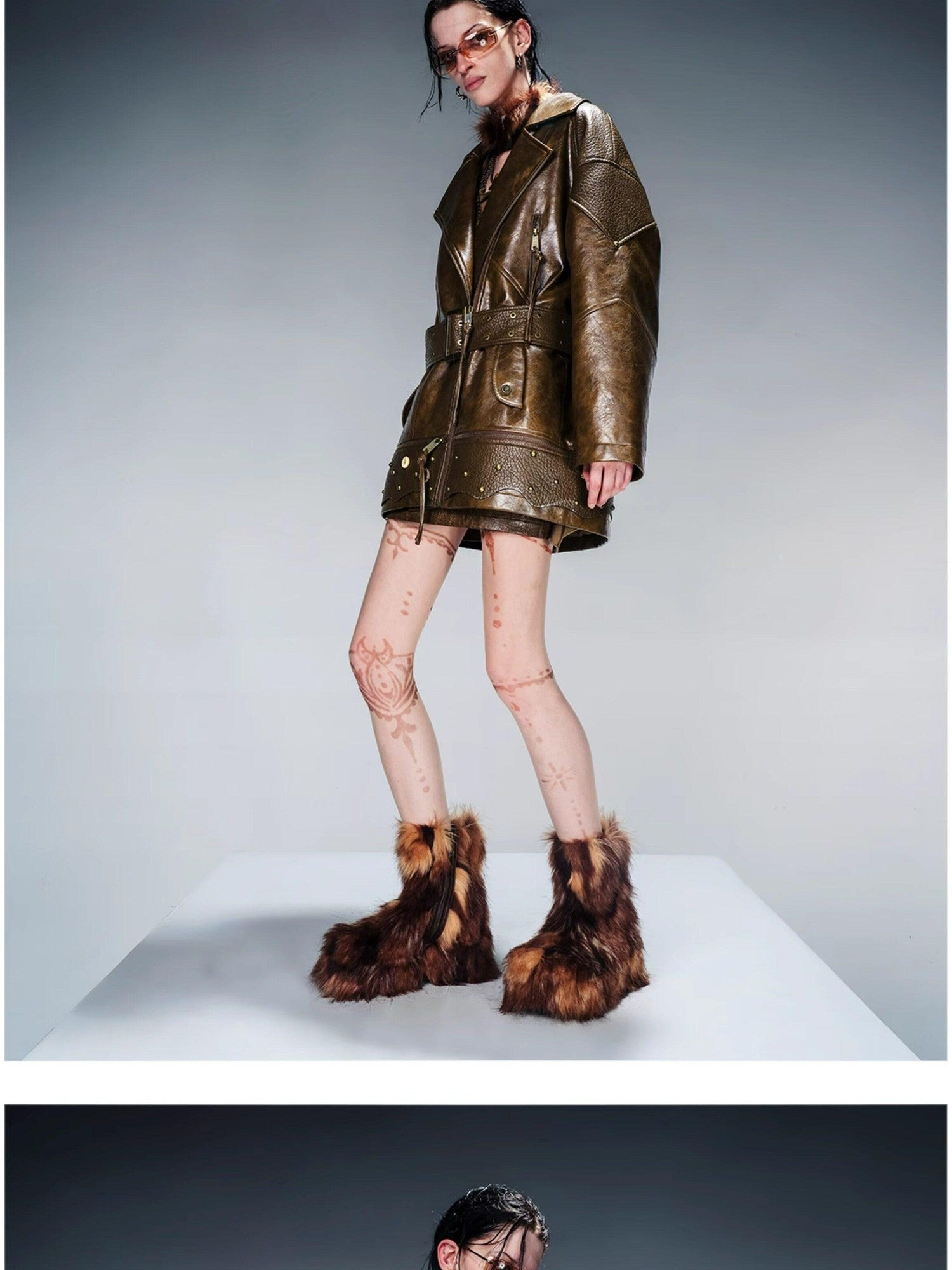 NORTH NODE Quilted Detachable Fur Collar Cropped Loose Lapel Zip Women&
