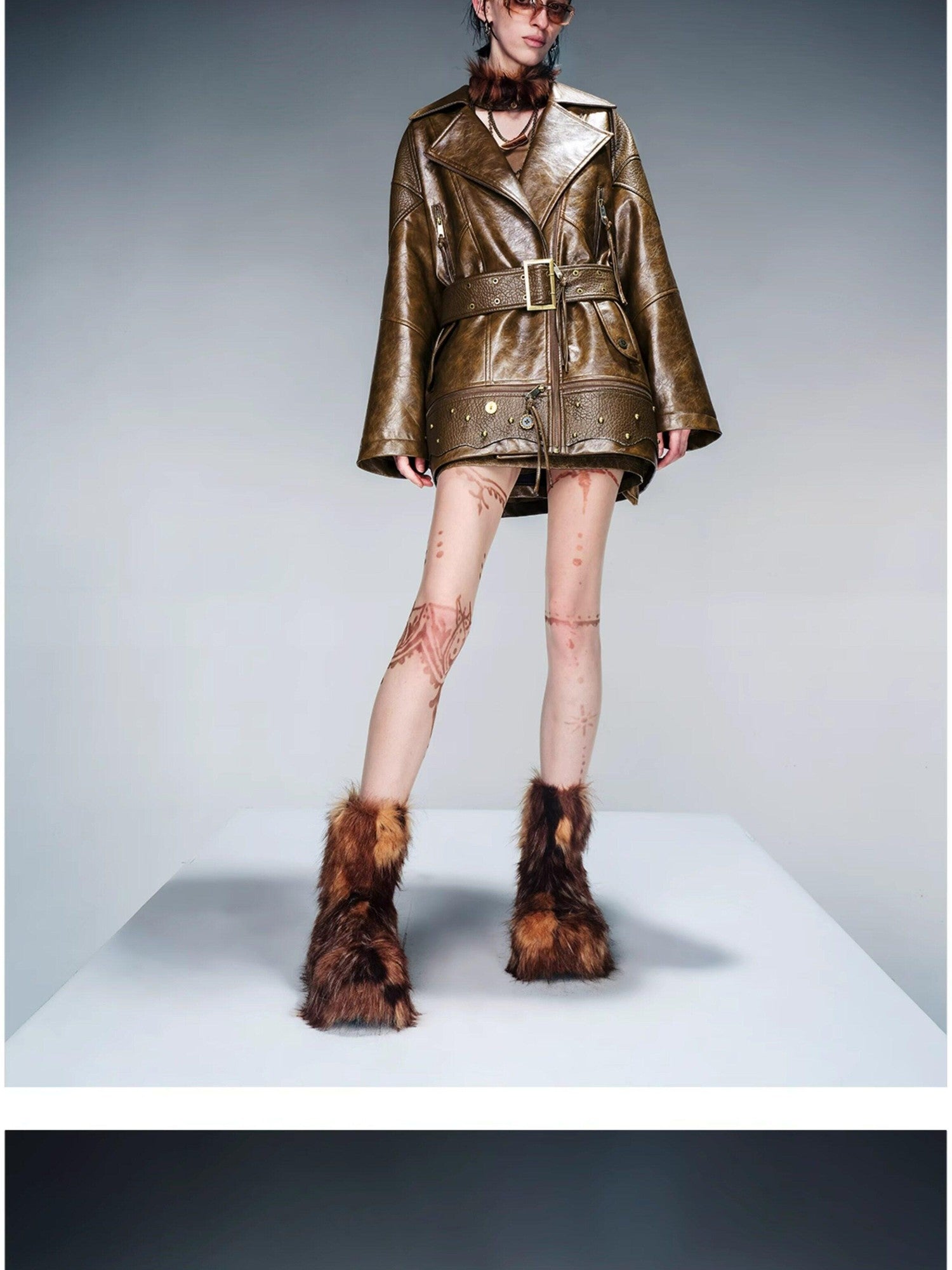 NORTH NODE Quilted Detachable Fur Collar Cropped Loose Lapel Zip Women&