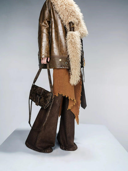 NORTH NODE Quilted Detachable Fur Collar Cropped Loose Lapel Zip Women&