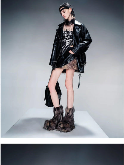 NORTH NODE Quilted Detachable Fur Collar Cropped Loose Lapel Zip Women&