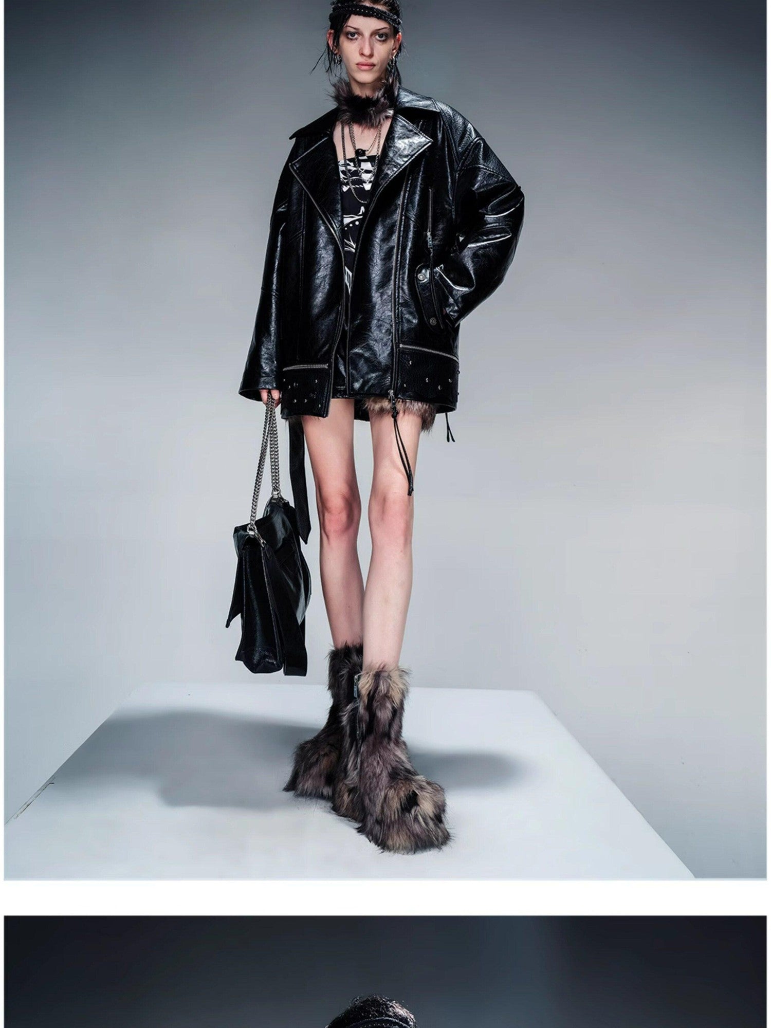 NORTH NODE Quilted Detachable Fur Collar Cropped Loose Lapel Zip Women&