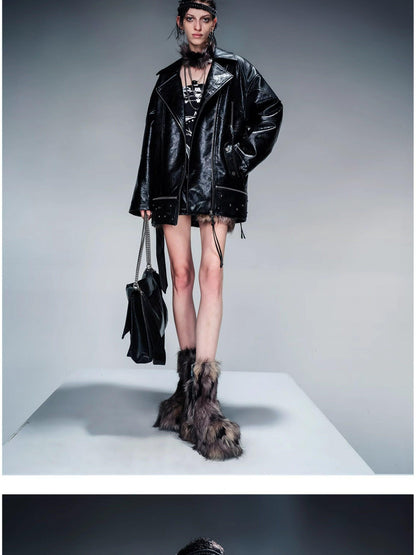 NORTH NODE Quilted Detachable Fur Collar Cropped Loose Lapel Zip Women&