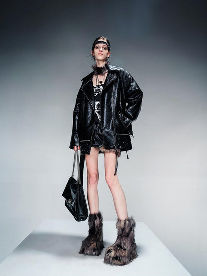 NORTH NODE Quilted Detachable Fur Collar Cropped Loose Lapel Zip Women&