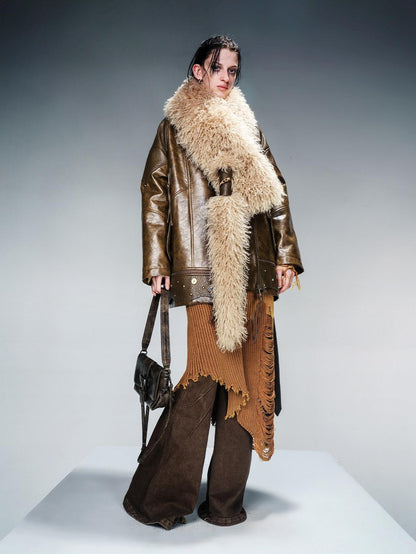 NORTH NODE Quilted Detachable Fur Collar Cropped Loose Lapel Zip Women&