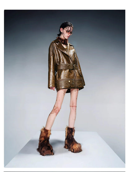 NORTH NODE Quilted Detachable Fur Collar Cropped Loose Lapel Zip Women&