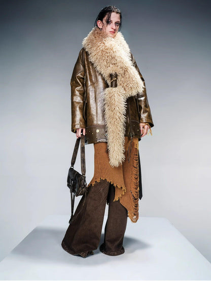 NORTH NODE Quilted Detachable Fur Collar Cropped Loose Lapel Zip Women&