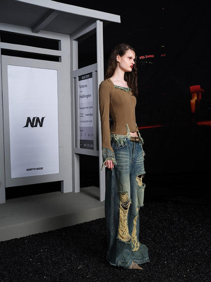 NORTH NODE Rebellious Brushed Denim Patchwork Women&