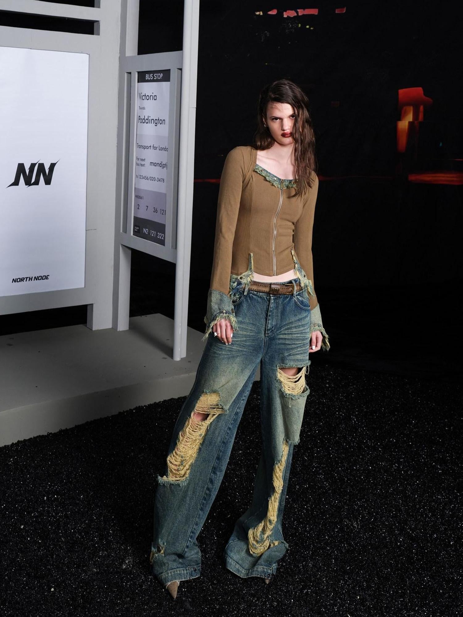 NORTH NODE Rebellious Brushed Denim Patchwork Women&