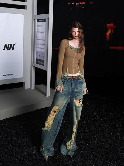 NORTH NODE Rebellious Brushed Denim Patchwork Women&