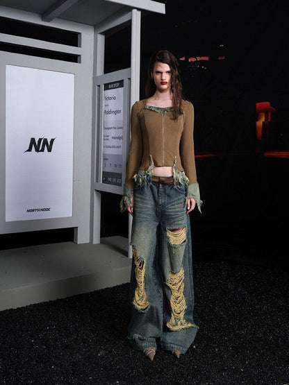 NORTH NODE Rebellious Brushed Denim Patchwork Women&