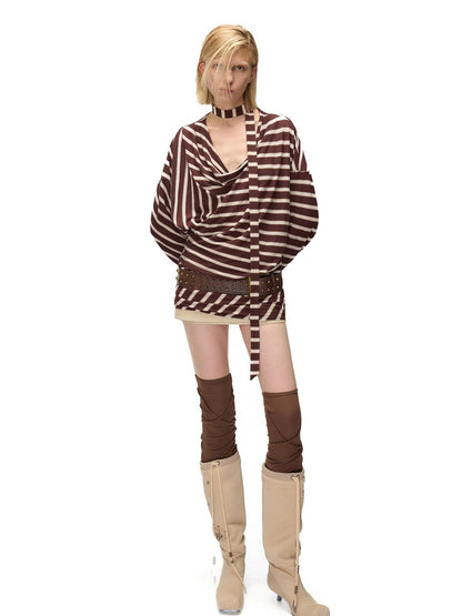 NORTH NODE Retro Irregular Stripe Boat Neck Women&